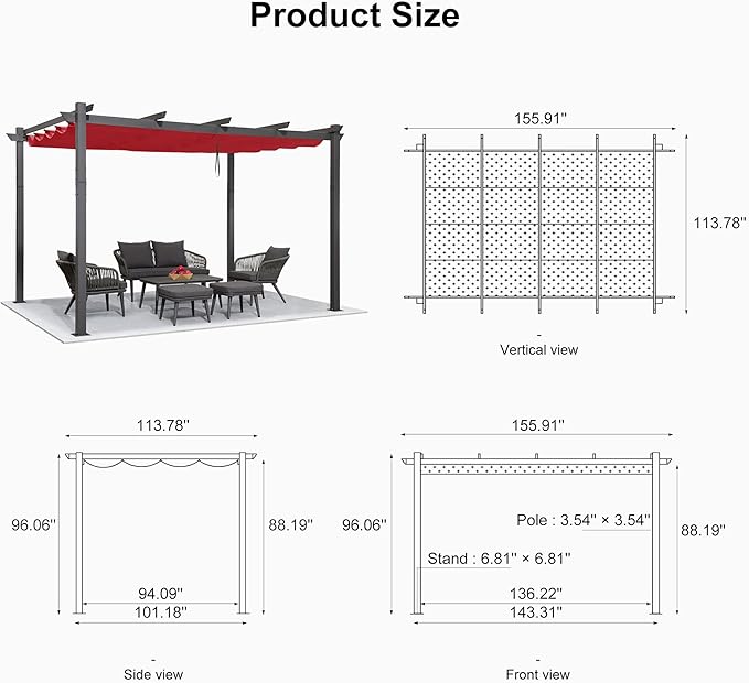 PURPLE LEAF 10'x13' Outdoor Retractable Pergola with Sun Shade Canopy Patio Metal Shelter for Porch Beach Pavilion Grill Gazebo Modern Backyard Grape Trellis Pergola, Terra