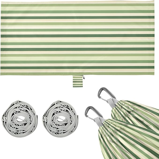Camping Hammock Outdoor Hammocks for Outside Green Cream Stripe Beach Trees Portable Lightweight with Pockets Tree Straps Indoor