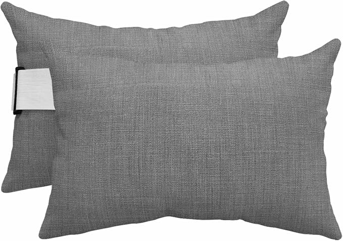 Dark Gray Outdoor Lumbar Pillows 12x20 Set of 2, Farmhouse Burlap Solid Grey Color Modern Linen Texture Waterproof Throw Pillow Covers with Insert, Decorative Support Pillows for Lounge, Chaise