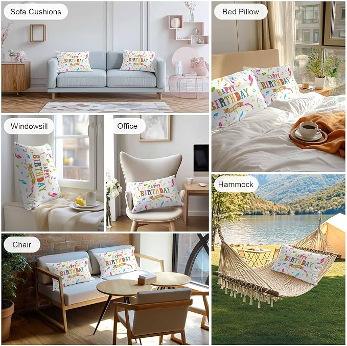 Vandarllin Outdoor Throw Pillows Covers 20x12 inch Set of 2 Waterproof Happy Birthday Decorative Zippered Cushion Covers for Patio Furniture, Colorful Ribbon Celebration Lumbar Pillowcases