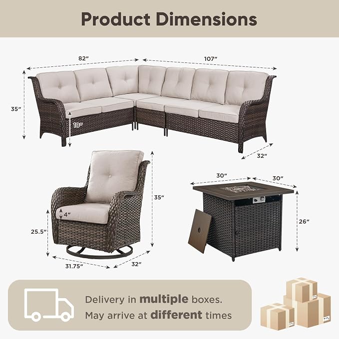 Belord Patio Furniture Set with Fire Pit Table, Outdoor Swivel Rocker Patio Chairs, Oversized Outdoor Sectional Couch, Two 3-Seater Sofas with Coffee Table, Ideal for Porch, Deck, Brown Wicker/Beige