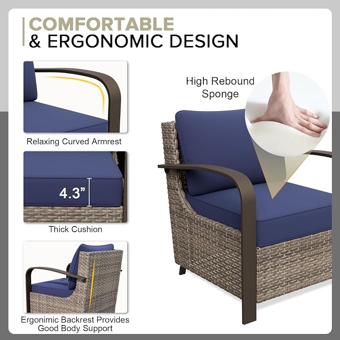 COOS BAY Aurora Terrace 6 Piece Outdoor Sectional Furniture Set, Half Moon Rattan Wicker Conversation Set with Patio Chairs, 5 Seat Sofa & Coffee Table for Patio Garden Yard, Beige/Blue
