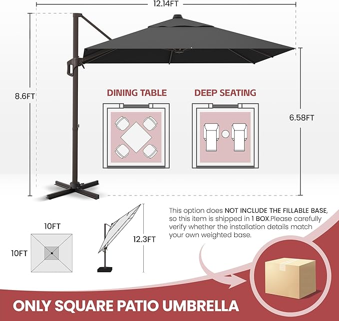 GENTEACO 10X10 FT Cantilever Umbrella, Large Offset Patio Umbrella with 6 Angle Tilts & 360° Rotation, Large Square Sun Umbrellas for Outdoor Patio Pool Deck Market, Black