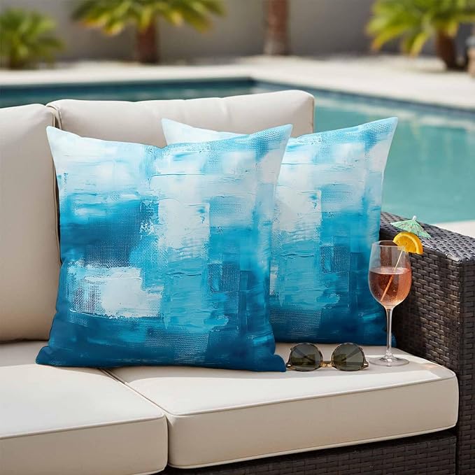 Blue Outdoor Waterproof Throw Pillow Covers Set of 2, 16"x16", Abstract Oil Painting Decorative Pillow Covers Outside Cushion Case for Patio Porch Garden