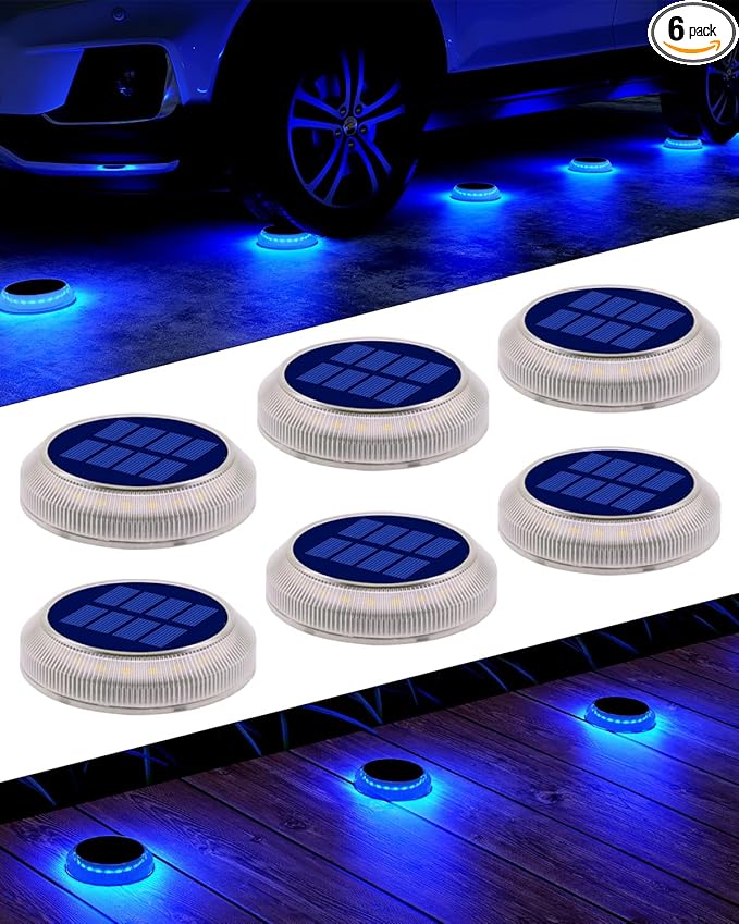 DetarZinLED 6 Packs Solar Driveway Lights, Blue Dock Deck Lights Solar Powered Outdoor IP68 Waterproof, Stick on Light for Step, Stair, Driveway, Pool, Pathway, Walkway, Patio