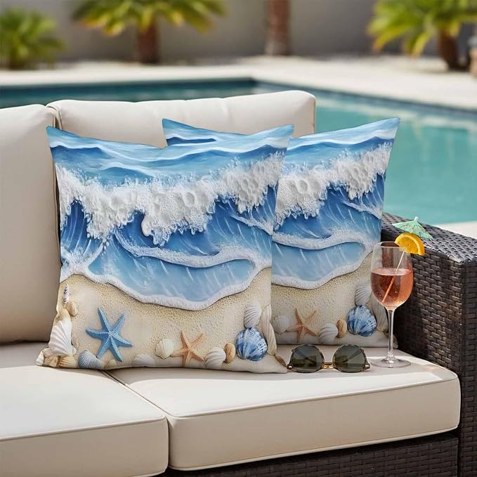 Summer Beach Outdoor Waterproof Throw Pillow Covers Set of 2, 24"x24", Seashell Starfish Nautical Coastal Decorative Pillow Covers Outside Cushion Case for Patio Porch Garden