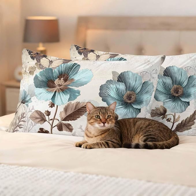 Teal Blue Floral Waterproof Outdoor Pillow Covers 20''x12'' Set of 2, Vintage Brown Flowers Butterfly Plant Patio Furniture Cushion Covers for Chairs, Decorative Pillow Cases for Garden/Pool/Beach