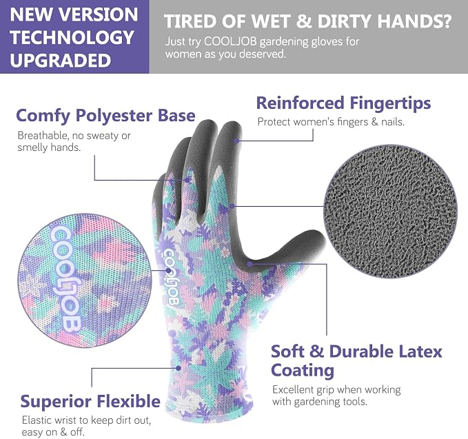 COOLJOB 6 Pairs Gardening Gloves for Women, Breathable Rubber Coated, M | Colorful, Textured Latex Palm, Breathable Polyester Liner, Flexible Fit, Machine Washable, Women's Garden Gloves