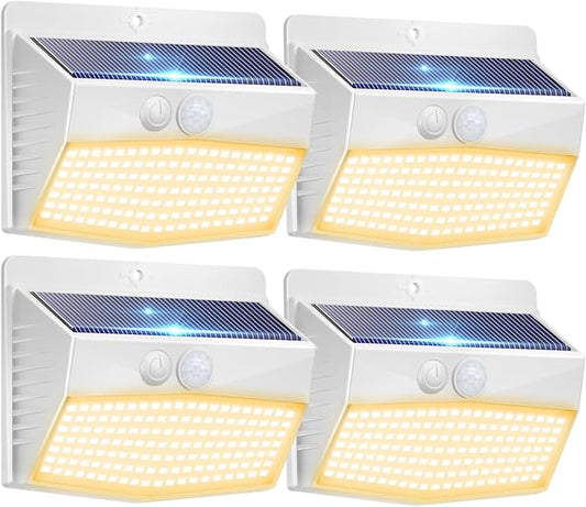 Solar Outdoor Lights, [4 Packs] Motion Sensor Security Lights with 3 Lighting Modes Wall Lights Waterproof Solar Powered Lights for Garden Yard, White Warm