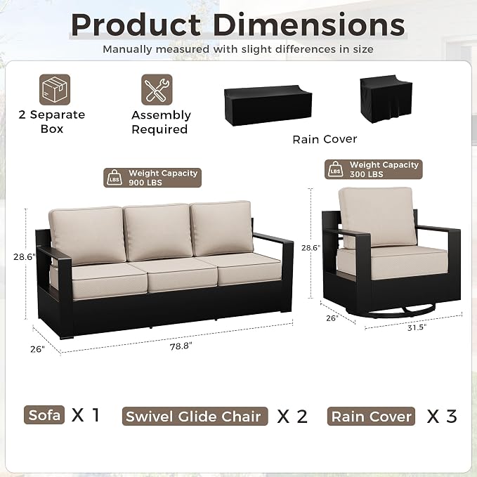 Outdoor Patio Furniture Set, 3-Piece Aluminum Patio Conversation Set All-Weather Metal Outdoor Sectional with 6 Inch Thick Cushions, Deep Setting for Garden, Outside and Porch, Beige