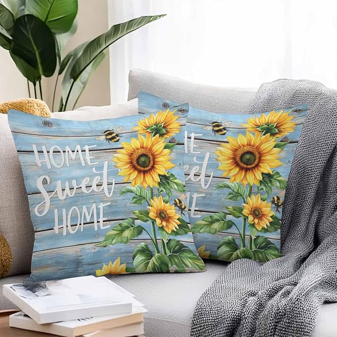 Throw Pillow Covers 26x26 Inch Set of 2, Spring Sunflower Waterproof Outdoor Pillow Covers, Bee Wooden Grain Country Rustic Decorative Cushion Pillowcases for Couch, Sofa, Bed, Garden, Patio