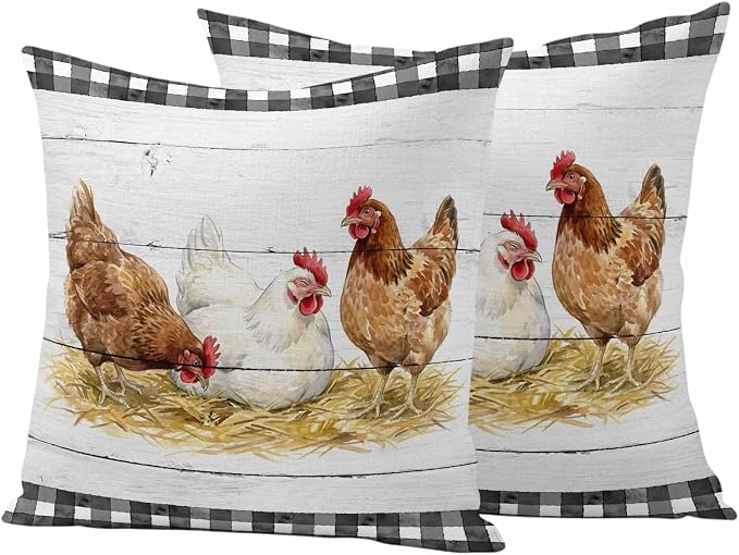 Farmhouse Rooster Outdoor Waterproof Pillow Covers, Farm Chicken Animals Retro Grey Wooden Decorative Square Throw Pillowcase Sofa Cushion Sham for Patio/Couch/Chair, 16"x16" 2 Pack