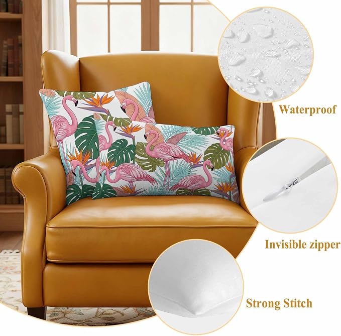 Pink Flamingos Outdoor Pillow Covers 20"x12" Set of 2, Watercolor Monstera Leaf Green Tropical Plant Waterproof Throw Pillow Covers for Patio Furniture, Decorative Cushion Covers for Porch