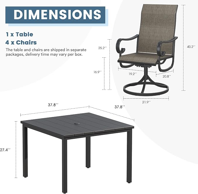 DIFY 5 Pieces Patio Dining Set, 40.2" Black Square Dining Table with Umbrella Hole and 4 Black Swivel Patio Chairs, All Weather Metal Outdoor Dining Furniture Set for Lawn Garden Balcony