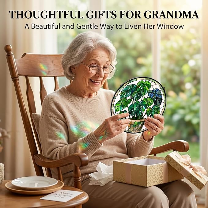 Birthday Gifts for Women - Green Monstera Plant Faux Stained Glass Window Hanging Sun Catcher for Door Garden Acrylic Decor Mother's Day Christmas for Mom Nana Grandma Sisters Wife 9.8"