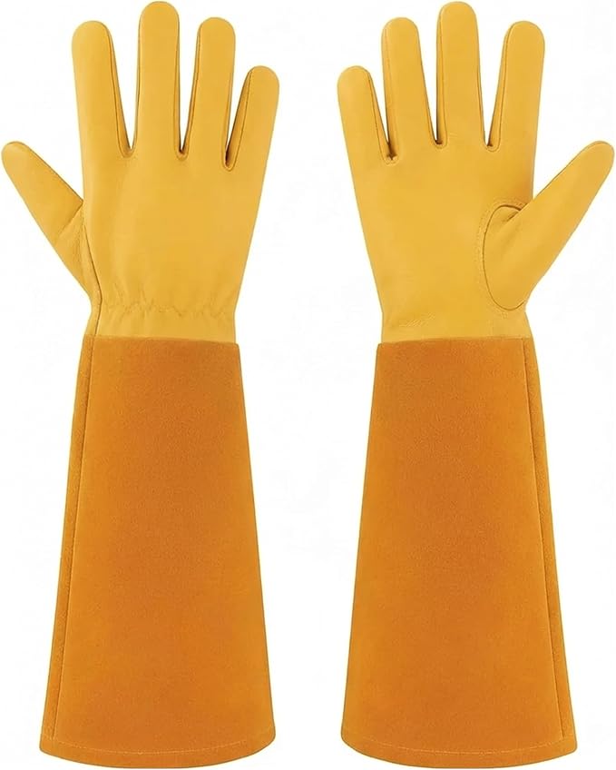 Craft911 Thorn Proof Gardening Gloves for Women & Men, Long Rose Pruning Gloves with Cowhide Leather Gauntlet & Forearm Protection - Yellow (X-Large)