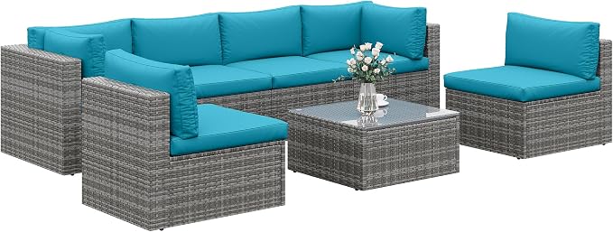 SUNVIVI OUTDOOR 7 Piece Patio Furniture Sets All Weather Grey PE Wicker Couch Sofa with Glass Table, Removable Blue Cushions