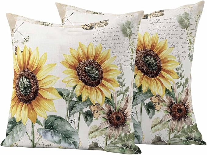 Vintage Yellow Sunflowers Outdoor Waterproof Throw Pillow Covers Set of 2, 16"x16", American Pastoral Style Decorative Pillow Covers Outside Cushion Case for Patio Porch Garden