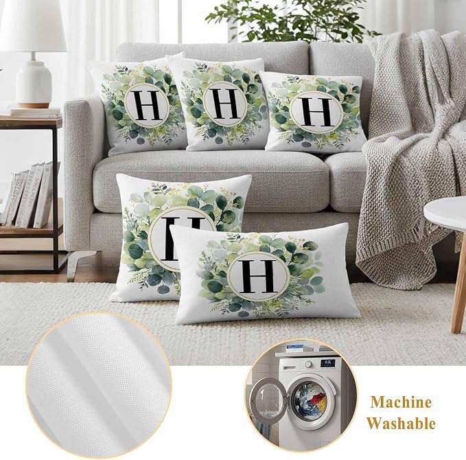 Letter H Waterproof Outdoor Pillow Covers Set of 2 Home Decor, Alphabet Green Eucalyptus Leaves Pillowcase Patio Pillow Covers for Couch Bench Patio Furniture Garden 18x18in
