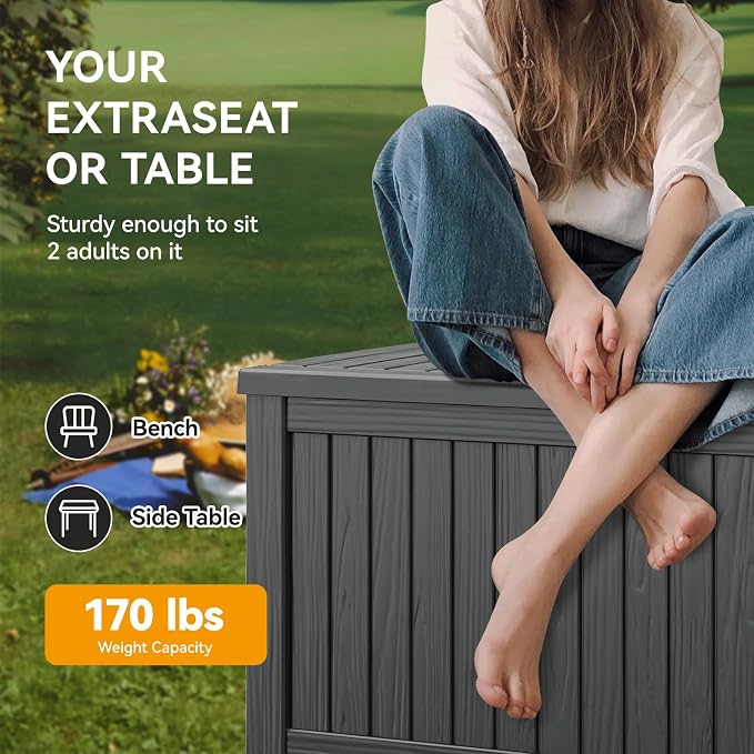 KAMABOKO Outdoor Storage Box, 230 Gallon Large Outdoor Resin Deck Box, Storage Waterproof Boxes Lockable Lid for Garden Tools, Pool Supplies, Patio Furniture and Cushions, Black