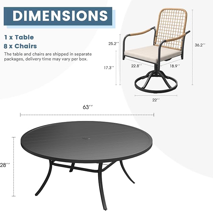 DIFY 9 Pieces Outdoor Dining Set for 8, 63" Round Dining Table with Umbrella Hole & Wicker Swivel Patio Chairs with Cushions, Metal Patio Table and Chairs Set for Backyard Porch Garden, Black