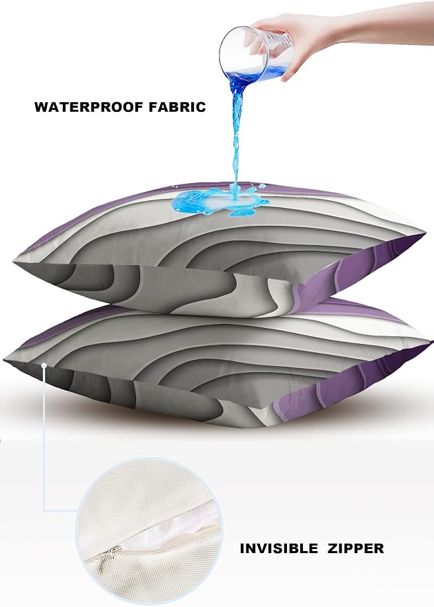 Funy Decor Waterproof Outdoor Throw Pillow Cover Purple Grey Modern Geometric Lumbar Pillowcases Set of 2 Abstract Beach Decorative Patio Furniture Pillows for Couch Garden 20x20 inch x 2pcs