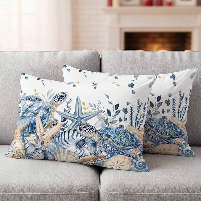 Pack of 2 Blue Turtle Coastal Outdoor Pillow Covers Decorative, Beach Coral Starfish Waterproof Pillow Protector, Nautical Eucalyptus Lumbar Throw Pillowcases for Patio Couch Sofa Home Decor 20"x12"
