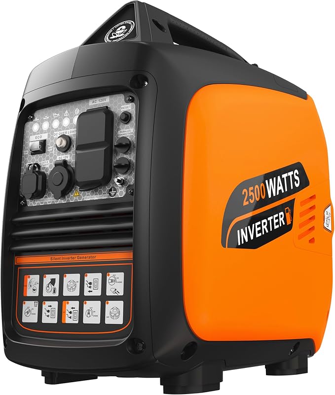 2500W Portable Inverter Generator, Super Quiet Long Runtime Gas Generator for Home Use, with CO Sensor, Parallel Capable, for Camping, RV, Tailgating, Emergency Backup, EPA Compliant (Orange)