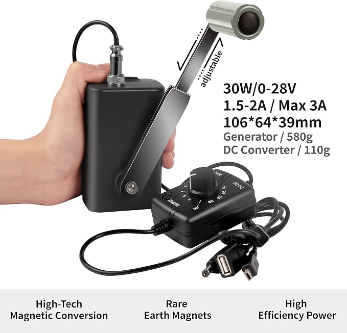 Hand Crank Generator High Power Charger for Outdoor Mobile Phone Computer Charging 30W / 0-28V with USB Plug (Black Generator + DC Regulator)