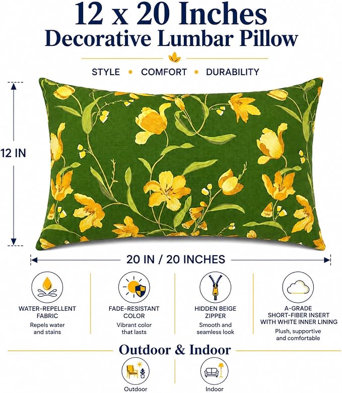 Pack of 2 Patio Lumbar Pillows 12"x20" | Fade Resistant Outdoor Waterproof Lumbar Pillow with Inners Decorative Garden Lumbar Cushions for Home Patio Terrace Sofa