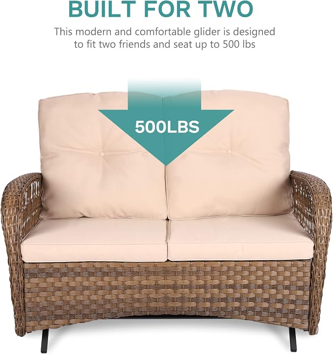 MEETWARM 5 Pieces Outdoor Wicker Patio Conversation Sets with Glider Loveseat, 2 Chairs with 2 Glass-Top Coffee Table Rocking Glider Set, Wicker Conversation Set with Thickened Cushions, Beige