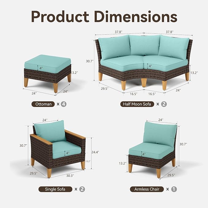 GREEN PARTY 11 Pieces Wicker Patio Furniture Set, All-Weather Outdoor Rattan Half-Moon Curved Patio Sectional Sofa Conversation Set 11 Seats with 4" Thick Cushions for Backyard, 2 x Ottomans (Blue)