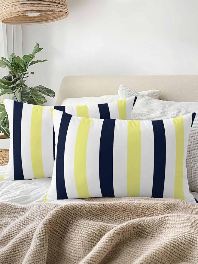 Outdoor Pillows Waterproof, Yellow Navy Blue Striped Bedding Throw Pillows with Insert for Couch Sofa Bed, Farmhouse Stripe Art 12x20 Inch Pillowcases Decorative Camping Patio Pillow Set of 2
