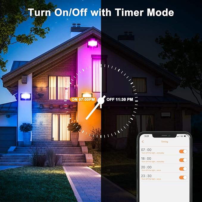 Flood Lights Outdoor RGB, 500W Equivalent Smart Color Change & Daylight 5700K Landscape Light, IP66 Waterproof Patio Lights via App Control, Indoor Ambient Lighting, DIY Scenes/Music Sync/Timing-4Pack