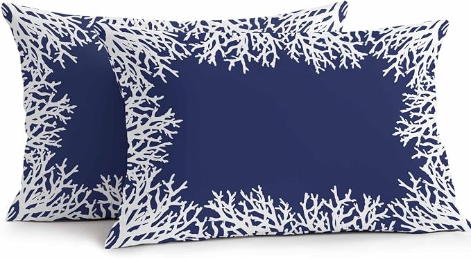 Vandarllin Outdoor Throw Pillows Covers 20x12 inch Set of 2 Waterproof Navy Blue Coral Decorative Zippered Cushion Covers for Patio Furniture, Coastal Marine Life Lumbar Pillowcases