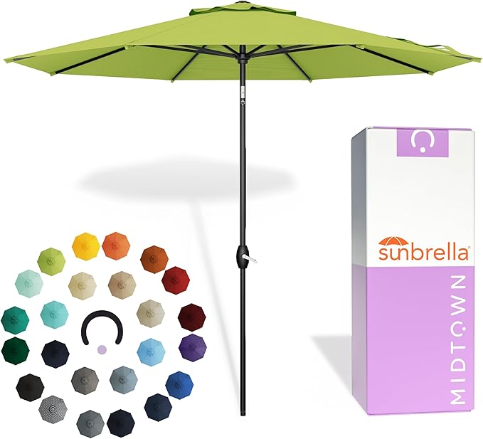 Midtown Umbrellas - The Lean 10 Ft Patio Umbrella with Fade-Resistant Sunbrella Fabric, Auto-Tilt Aluminum Frame and 8 Reinforced Ribs for Deck, Pool & Garden - Macaw Canopy, Black Pole