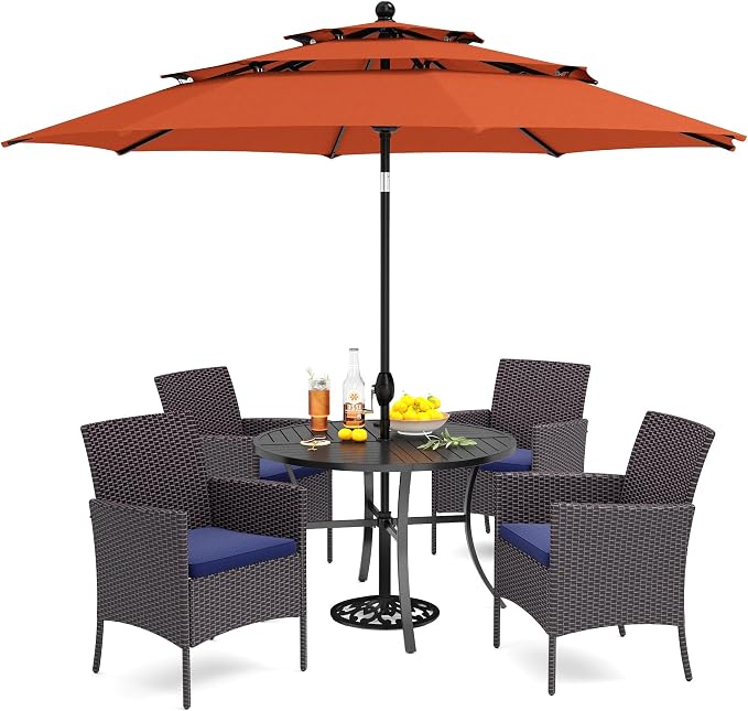 PHI VILLA 5pc Patio Dining Set with Umbrella, Round Table, Rattan Chairs | Outdoor Dining Set for 4, 42" Metal Table & 4 Cushioned Rattan Chairs with Red Umbrella for Outdoor, Deck, Yard, Porch