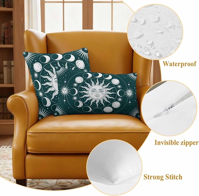 Celestial Sun and Moon Waterproof Outdoor Pillow Covers Set of 2 Home Decor, Green Starry Galaxy Boho Pillowcase Patio Pillow Covers for Couch Bench Patio Furniture Garden 24x24in