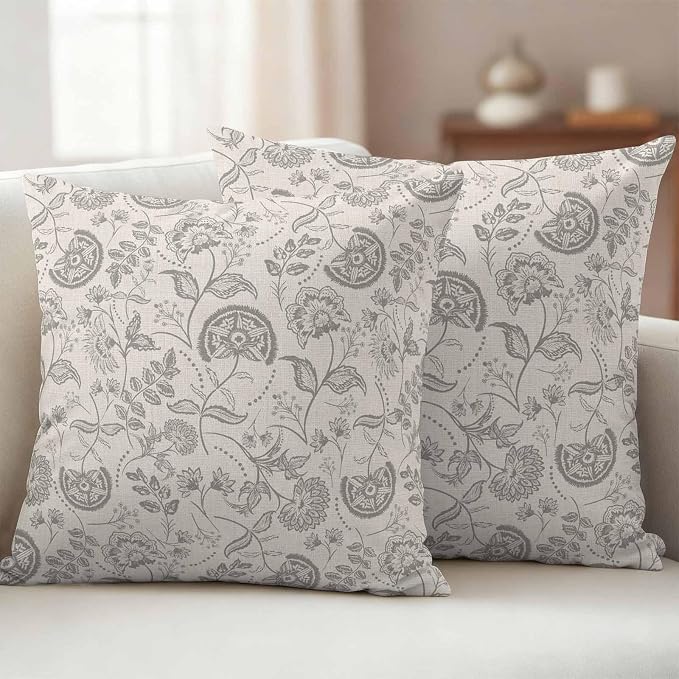 Outdoor Pillow Covers 26x26 Set of 2, Gray Paisley Floral Waterproof Patio Throw Pillow Covers for Couch Sofa Chair, Farmhouse Spring Summer Flowers Decorative Pillowcases for Throw Pillows