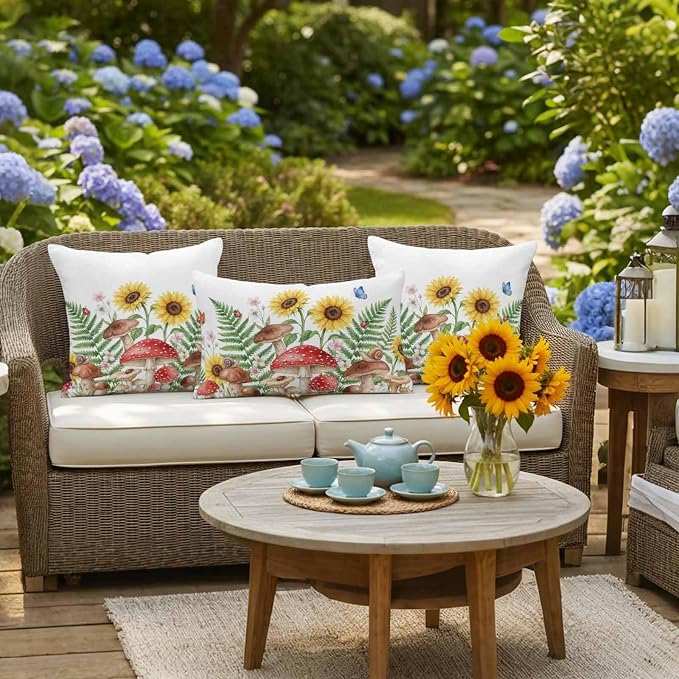 Outdoor Waterproof Throw Pillow Covers Set of 2 Red Mushroom Pillowcases 26x26 Inches Spring Butterfly Sunflower Green Ferns Decorative Pillows Cushion Case Patio Pillows for Couch Bed Chair Garden