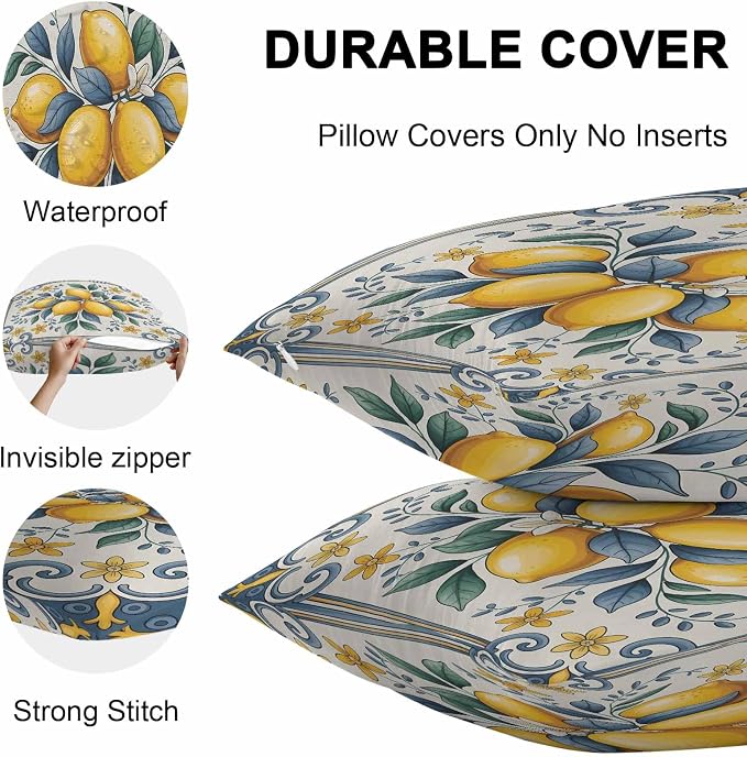 Throw Pillow Covers 16x16 Inch Set of 2, Yellow Blue Lemon Waterproof Outdoor Cushion Covers, Summer Botanical Watercolor Decorative Pillowcases for Couch, Sofa, Bed, Garden, Patio