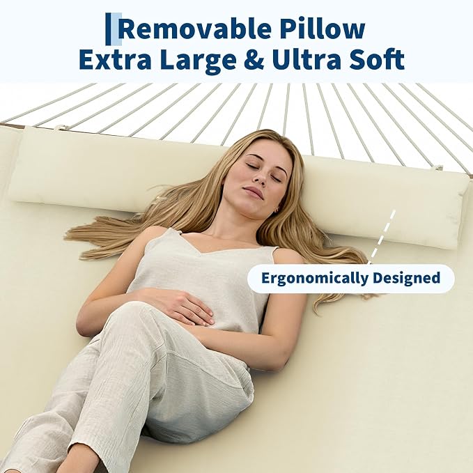 Takywep 2 Person Hammock with Polyester-Cotton Pad, 12FT Double Hammock with Wooden Spreader Bar, Removable Pillow, 450LBS Capacity, 2-in-1 Outdoor Hammock for Patio, Garden, Beach (No Stand)