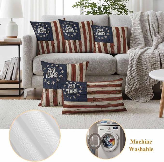 250 Year Anniversary USA Outdoor Waterproof Throw Pillow Covers 26"x26" Set of 2, 4th of July Vintage Wood Decorative Garden Pillowcase with Zipper Cushion Case for Patio Couch Tent