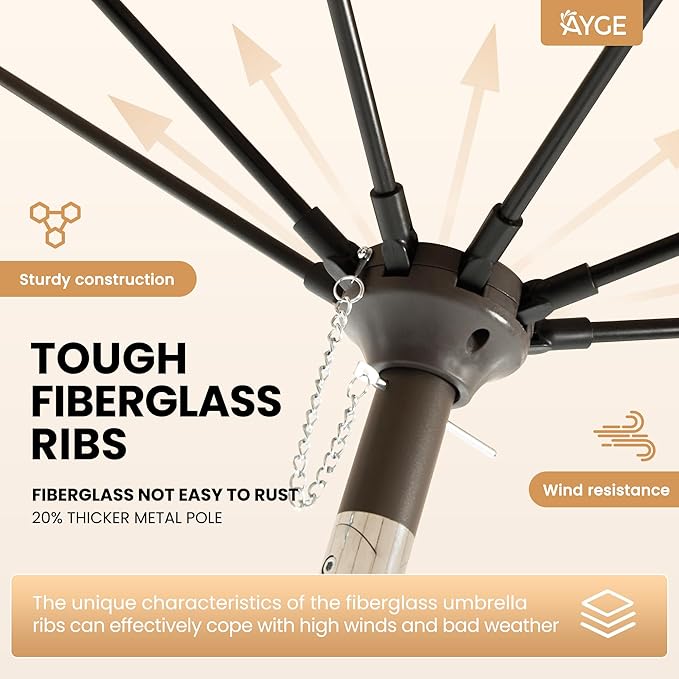 Ayge 7.5FT Large Outdoor Patio Umbrella Market Table Umbrella-UV Resistant, Easy Push Button Tilt and Crank, 6 Sturdy Fiberglass Ribs Heavy-Duty Pool Umbrella for Deck, Backyard,Garden, Yard,Grey