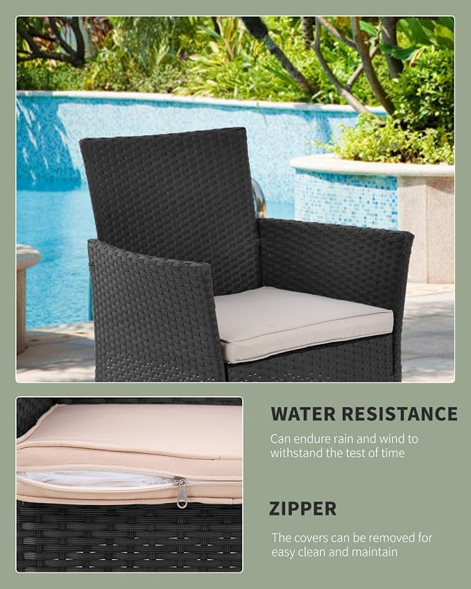 PayLessHere 3 Piece Furniture Patio Chairs Wicker Outdoor Rattan Conversation Bistro Set for Backyard Porch Poolside Lawn (Black)