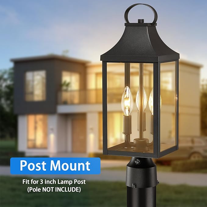 18.62'' Dusk to Dawn Post Light Outdoor, Large 3-Light Lamp Post Light | Modern Pillar Outside Lighting Waterproof Post Lantern Lamp Outdoor Post Light Fixtures Pole Lights for Porch, Black