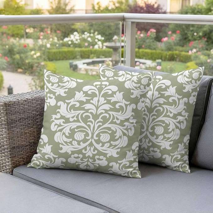 Outdoor Pillow Covers Set of 2, Luxury Flower Sage Green Decorative Throw Pillow Covers 18X18IN, Abstract Floral Throw Pillows Protector Cushion Case for Patio,Couch,Sofa,Garden