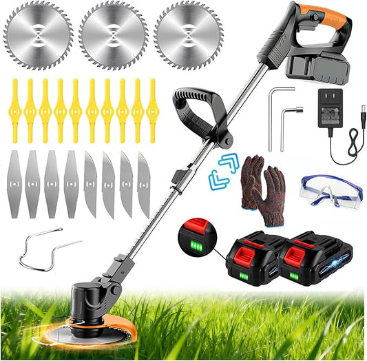 Electric Cordless Weed Wacker, 21V Electric Weed Wacker Eater with Battery Charger, 3 in 1 Grass Trimmer with 4 Types Blade, Lightweight Adjustable Design for Lawn, Yard