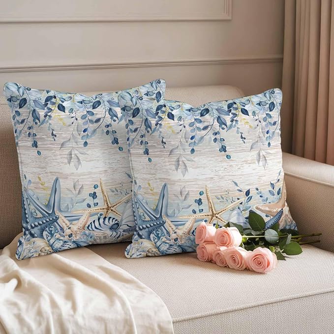 Marine Life Outdoor Waterproof Throw Pillow Covers Set of 2, 20"x20", Watercolor Blue Beige Starfish Shell Leaves Wood Decorative Pillow Covers Outside Cushion Case for Patio Porch Garden
