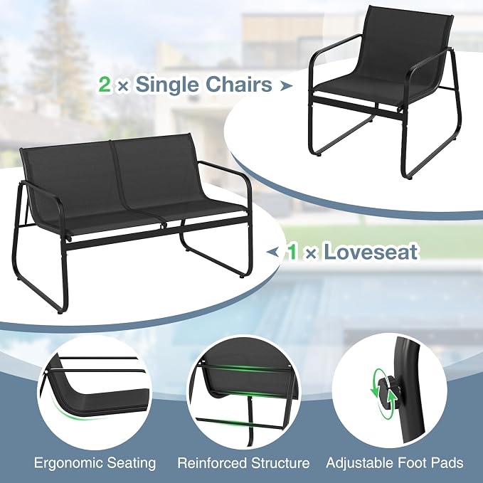 HAPPYGRILL 4 Pieces Patio Conversation Set, Fabric Lawn Chairs and Loveseat with Tempered Glass Coffee Table, Heavy Duty Metal Frame, Outdoor Furniture Set for Porch, Garden and Poolside
